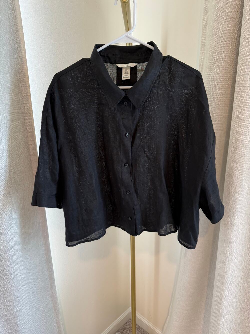 H&M Button Down Shirt Blouse Women's Size XL Black Cropped Casual Short Sleeves